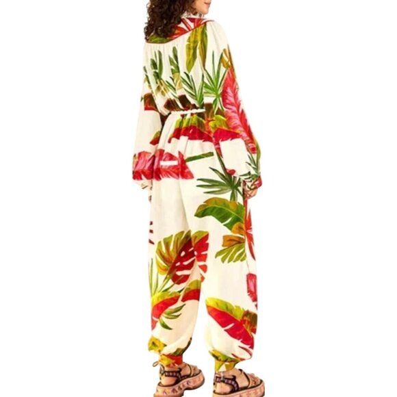 Farm Rio Spring Forest Puff Sleeve Linen Blend Jumpsuit Tropical Leaf Print XS - Picture 2 of 5
